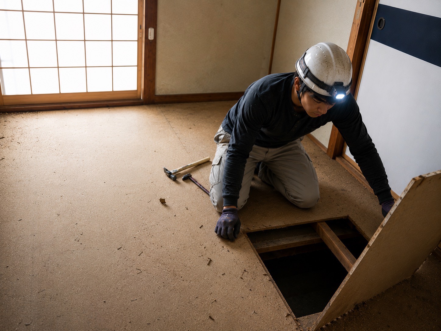 床下点検口を開けて床下の点検工事に入る作業員